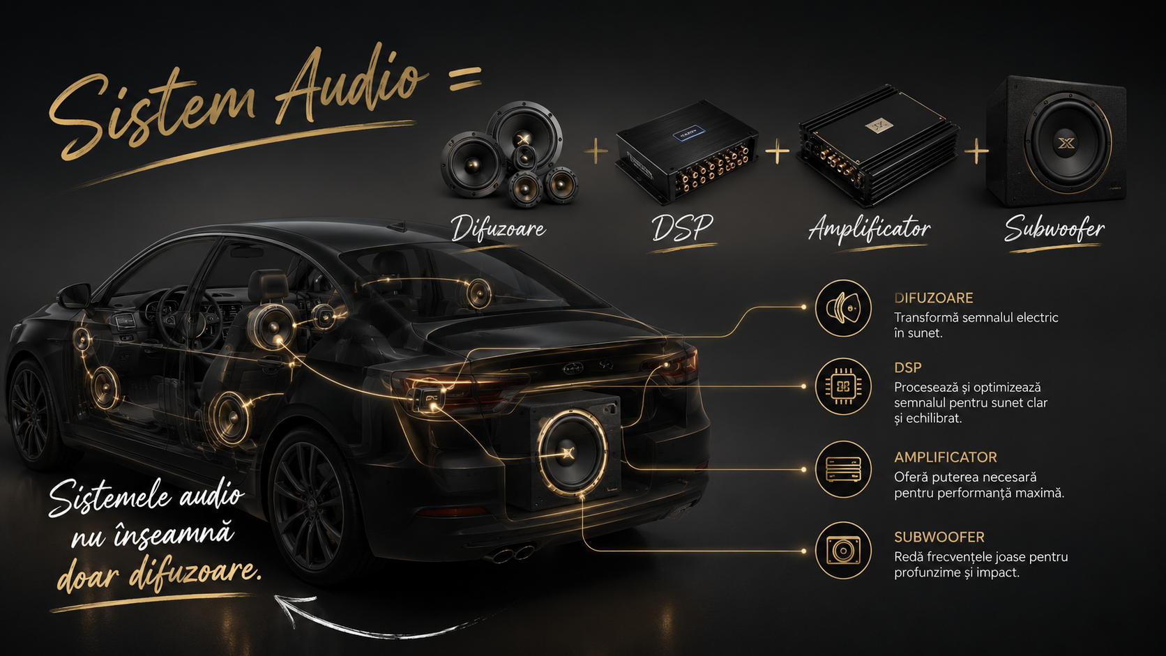 Din ce este format un sistem audio auto — schemă componente Art For Cars